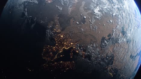 stunning cgi mid-shot of the planet earth from space with dawn spreading across the european continent, with the distinct lights from habitation glittering in the night time zones