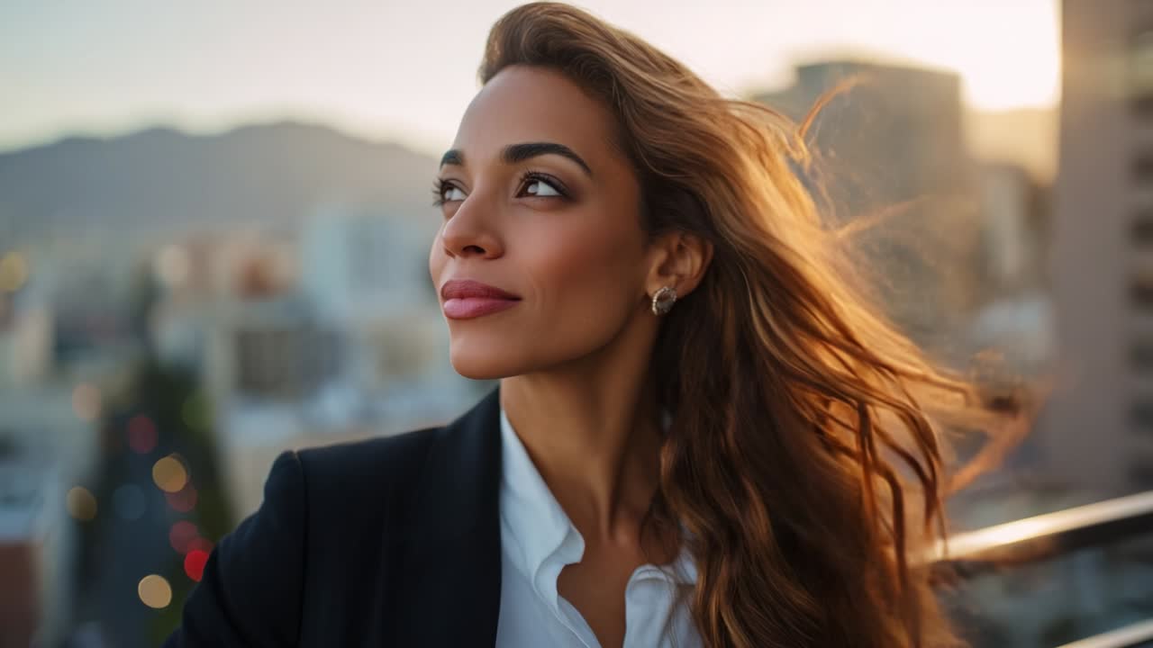 Capturing the Essence of Confidence and Serenity: A Portrait of a Thoughtful Woman Overlooking a Cityscape at Sunset with Flowing Hair, Radiating Poise and Determination in a Modern Urban Setting