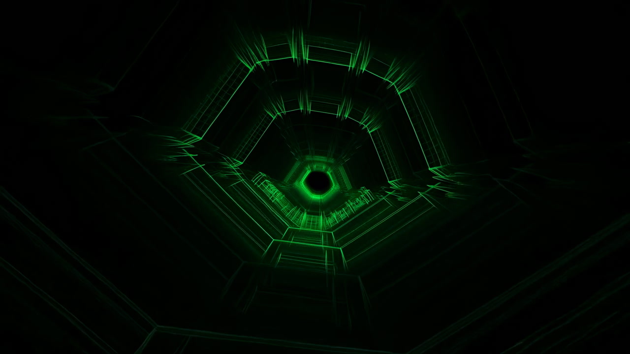 Neon Green Digital Tunnel Core Pulsing, Outline Geometry And Hexagonal Grid Spiral Inward With Holographic