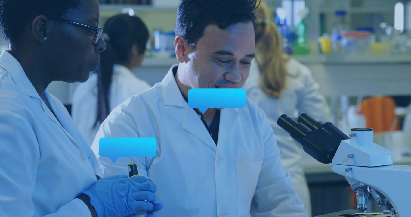 Lab scientists pausing pipetting as chat alerts appearing dissolving before refocusing microscope
