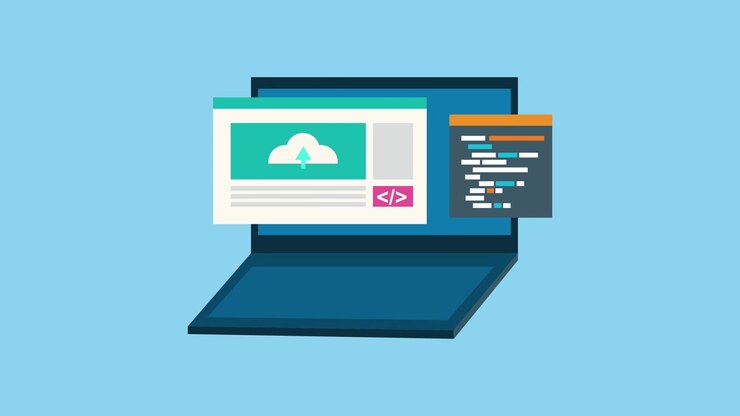 Animeret bærbar computer viser cloud-upload og kodningsproces.