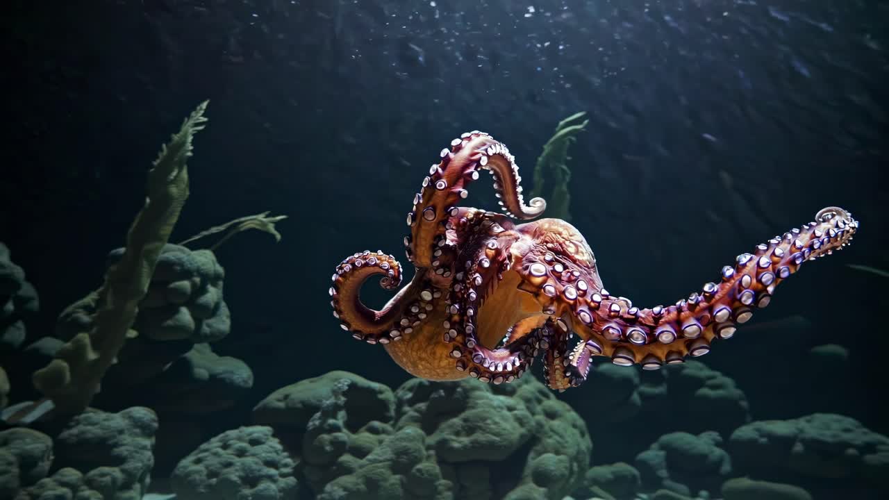 Underwater video of an octopus swimming gracefully, captured from a low-angle