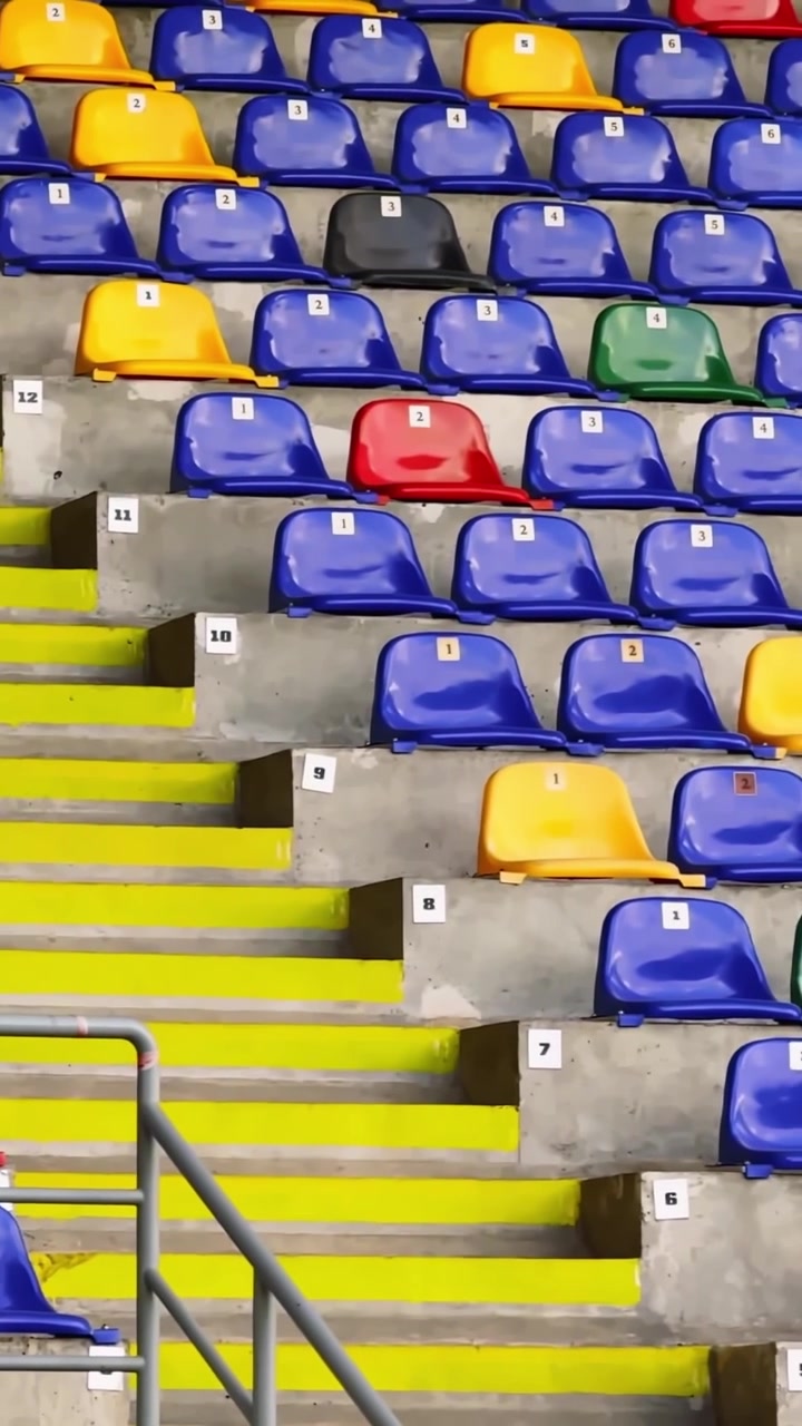 Vertical view of empty stadium stands with bright yellow stairs, numbered concrete rows and colorful blue, yellow, red and green plastic seats.