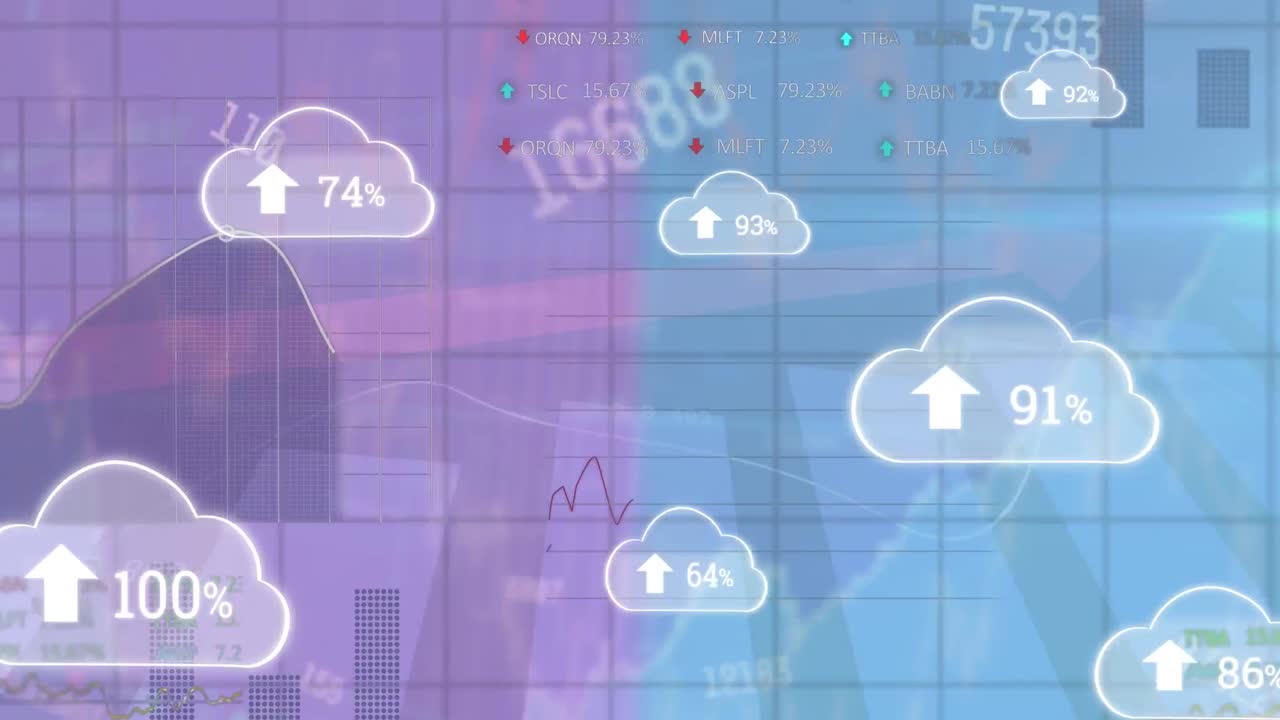 통계 데이터 처리에 대한 증가하는 비율로 여러 클라우드 아이콘의 애니메이션