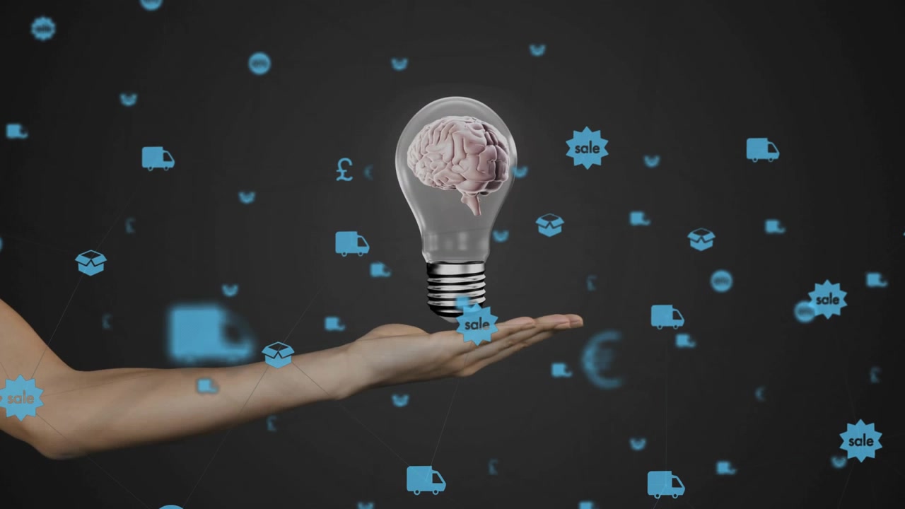 Commerce icons drifting before forearm entering and showing rotating brain lightbulb for ideas