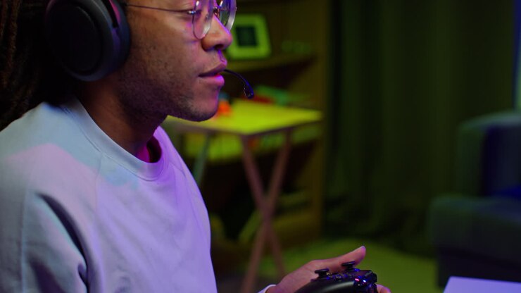 Man Playing Video Games with Headset
