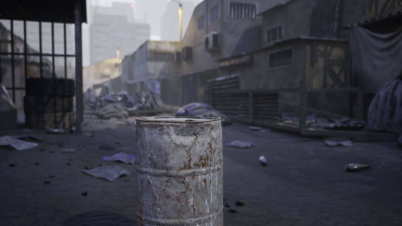 Urban decay showcased in a deserted alleyway with abandoned structures