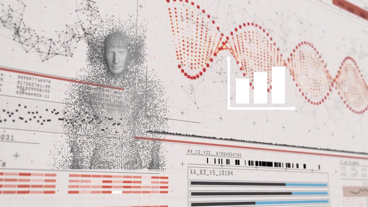 Animation of dna strand and data processing with human body formed with exploding particles