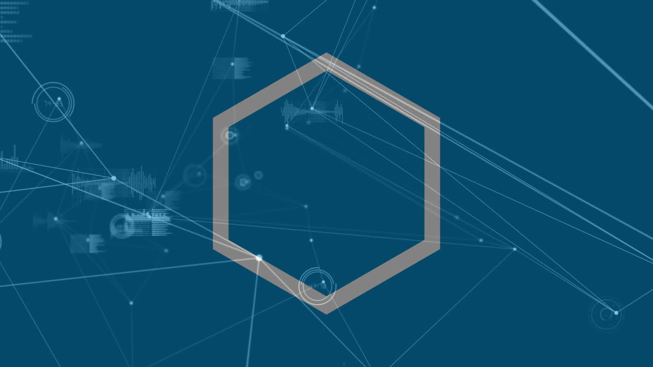 animación de hexágonos que giran sobre estadísticas y red de conexiones