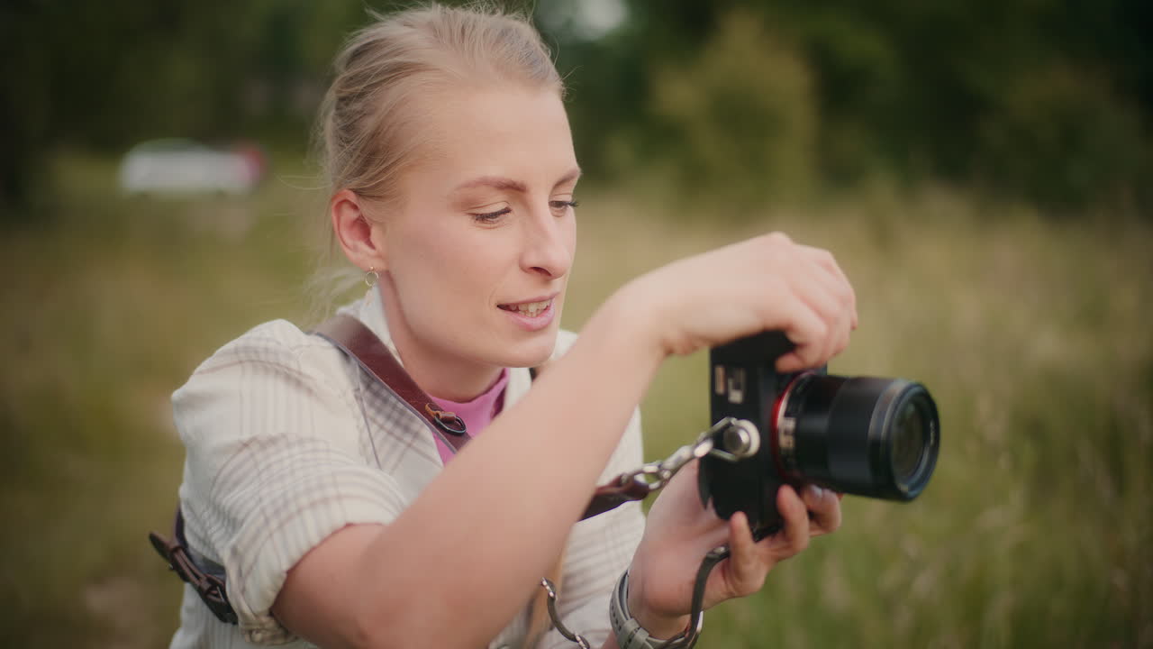 야외에서 사진을 찍는 여자