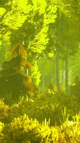 vibrant sunlight filters through lush green trees in a serene forest setting
