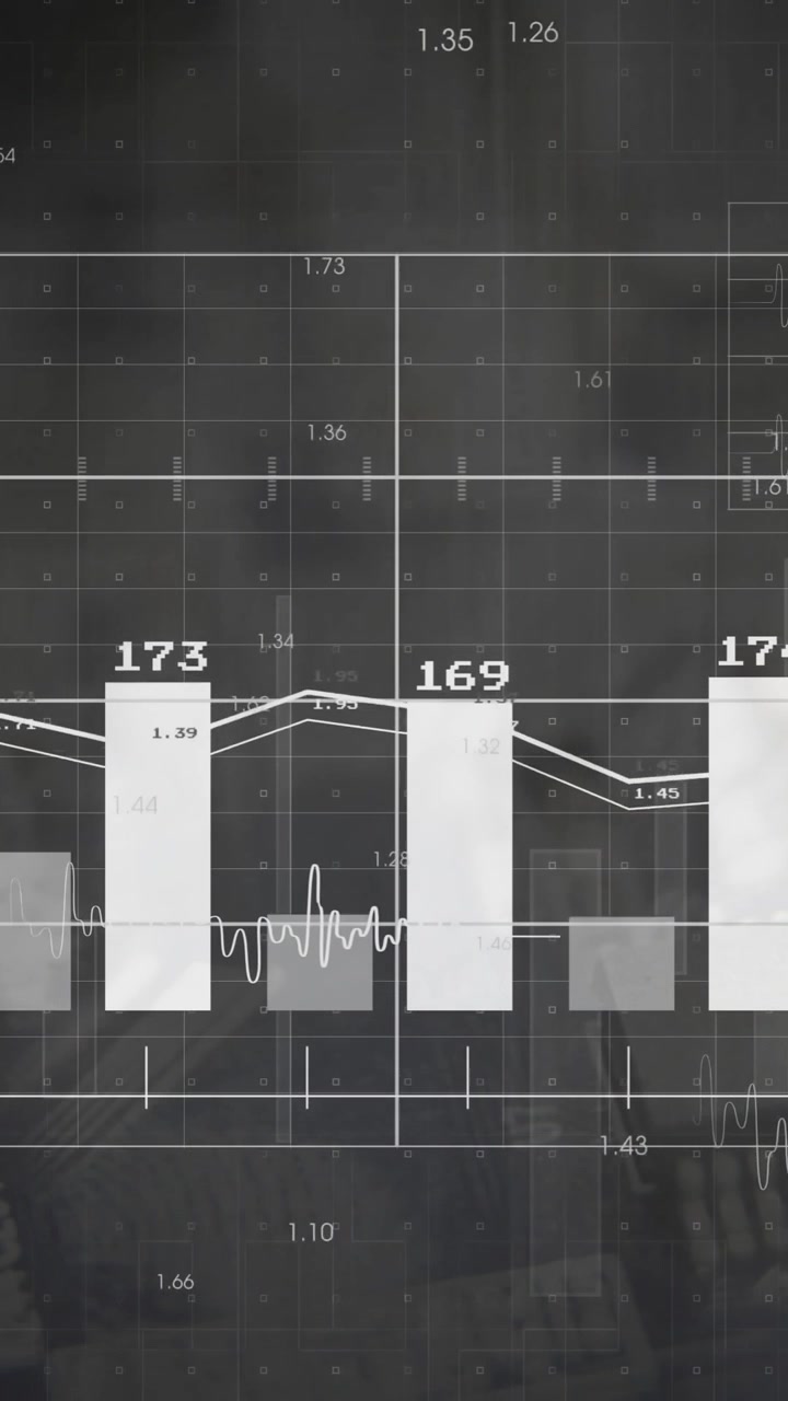 Animation of fluctuating data trends with bar and line charts on dark background