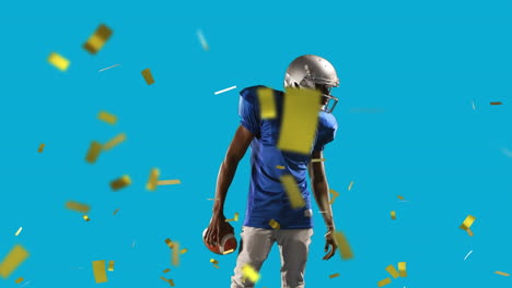 animation of confetti falling over american football player with ball on blue background