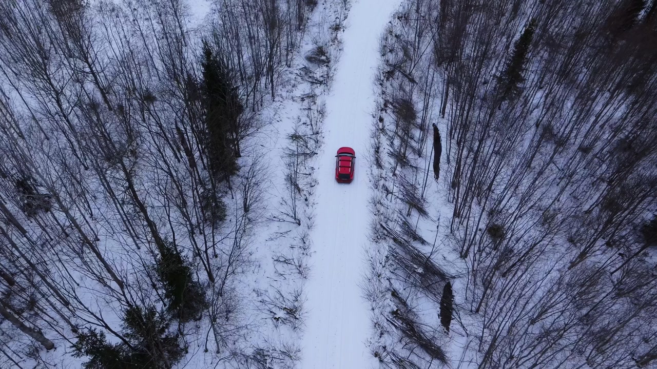 Tracking drone shot red vehicle driving in white snowy woods winter journey