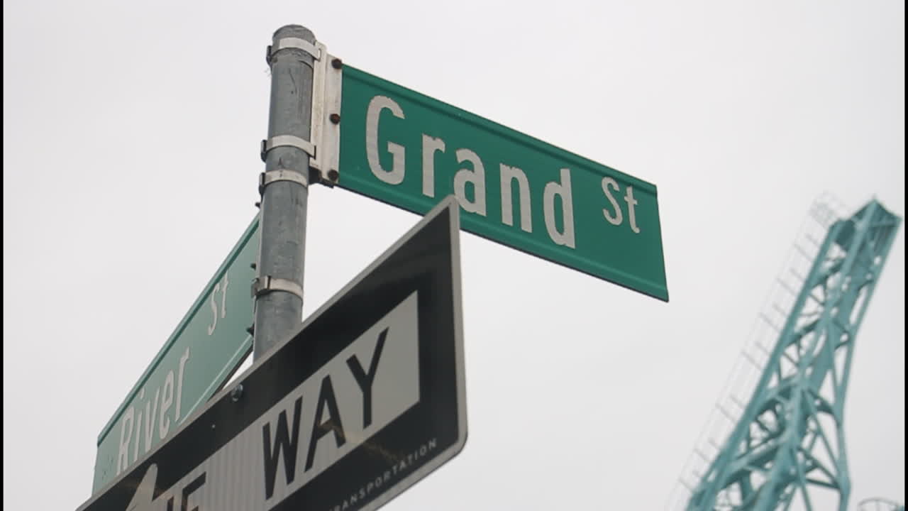 Grand Street and River Way Intersection Sign