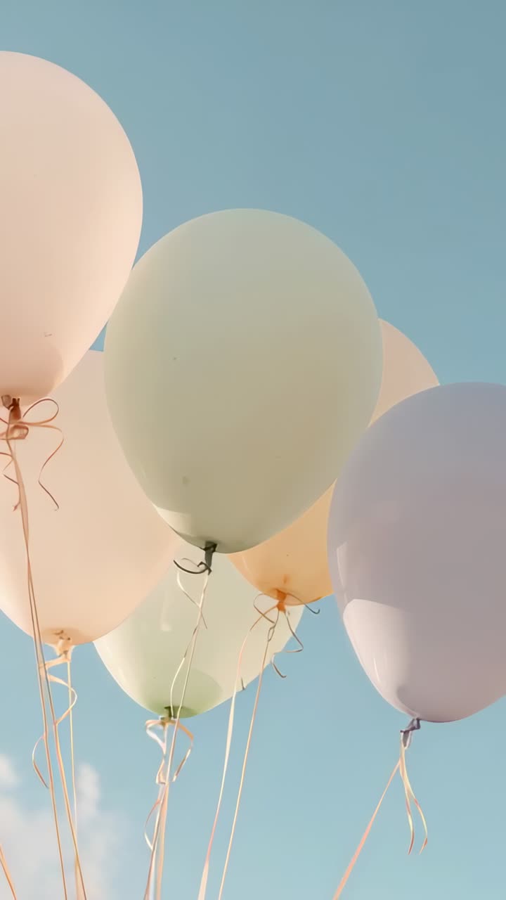Video verticale: sollevati dall'elio, palloncini pastello che galleggiano verso l'alto in un cielo pallido, nastri legati che ondeggiano