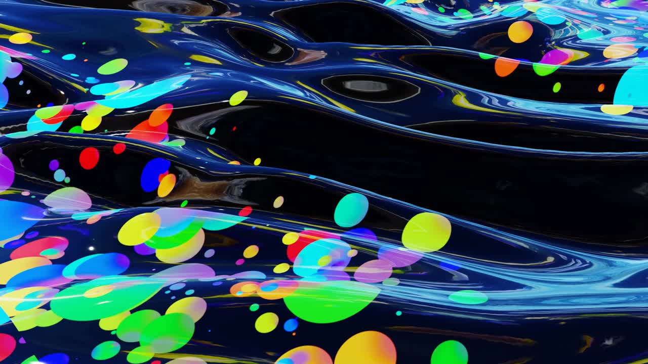 fondo en bucle abstracto de superficie brillante brillante como líquido transparente ondulado con círculos de color arco iris flotan como gotas de pintura en aceite. hermoso fondo creativo con gradiente de color en 4k. 3d