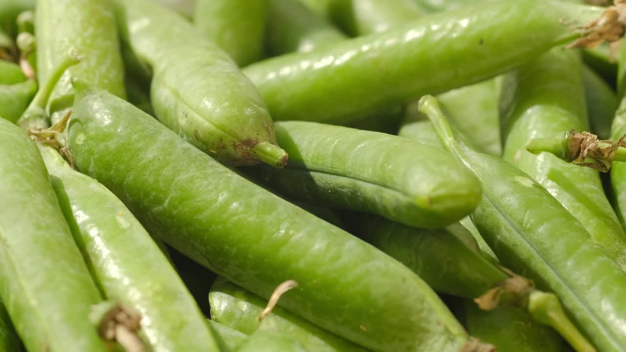 Raw green pea pod rotates. Swivel video