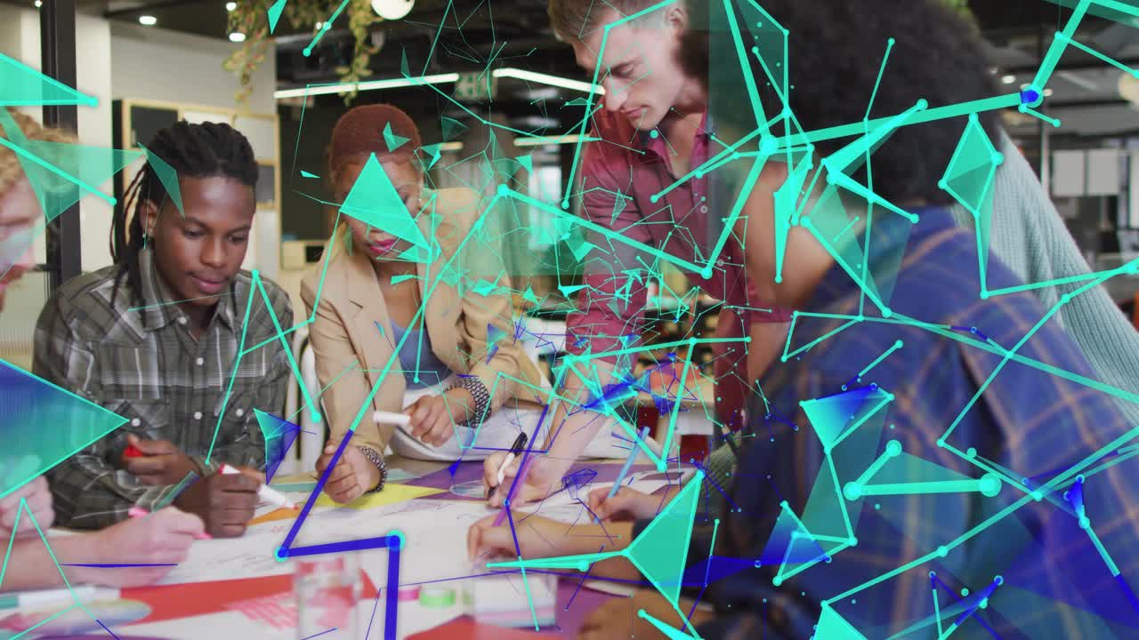 Design team starting drawing sharing pens, pointing notes for UX, teal network overlay drifting