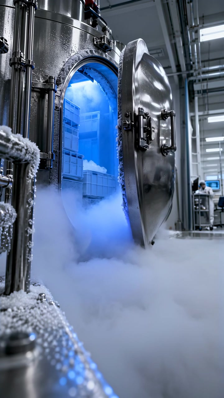 Tuberías cubiertas de escarcha y una escotilla metálica circular enmarcan contenedores de plástico iluminados en azul mientras la gran puerta se mueve hacia adentro y una espesa niebla continúa extendiéndose por la brillante sala industrial