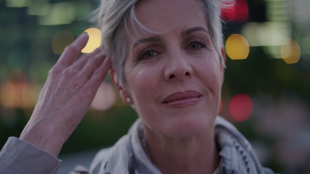 retrato de cerca hermosa mujer de mediana edad sonriendo corriendo con la mano a través del cabello disfrutando de una noche urbana relajada en la ciudad fondo bokeh