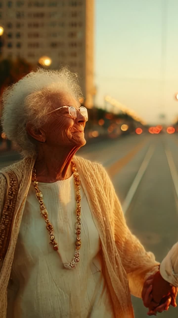 A Joyful Elderly Woman Enjoying a Sunset Walk on a Peaceful Street, Radiating Warmth and Happiness While Holding Hands with a Loved One