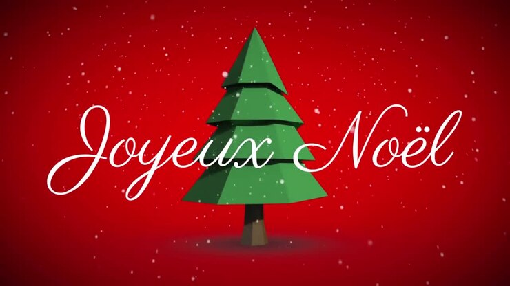 Animation of joyeux noel christmas greetings over christmas tree on red background