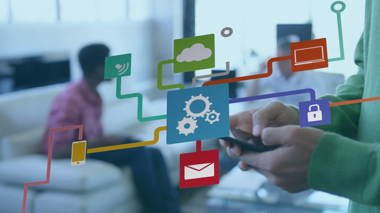 Animation of network of connections with icons over caucasian man using smartphone