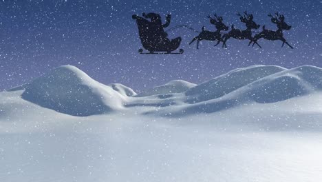 Snow-falling-on-santa-claus-in-sleigh-being-pulled-by-reindeers-over-winter-landscape