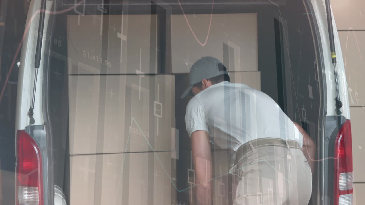 animación de estadísticas y procesamiento de datos financieros sobre el repartidor y la furgoneta