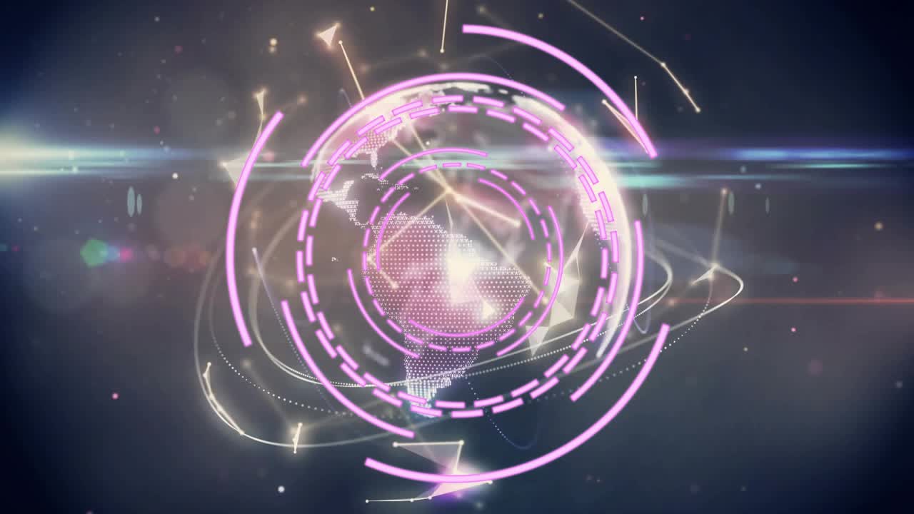 HUD-style pink rings and dotted globe materializing after cyan flare, rotating and showing network