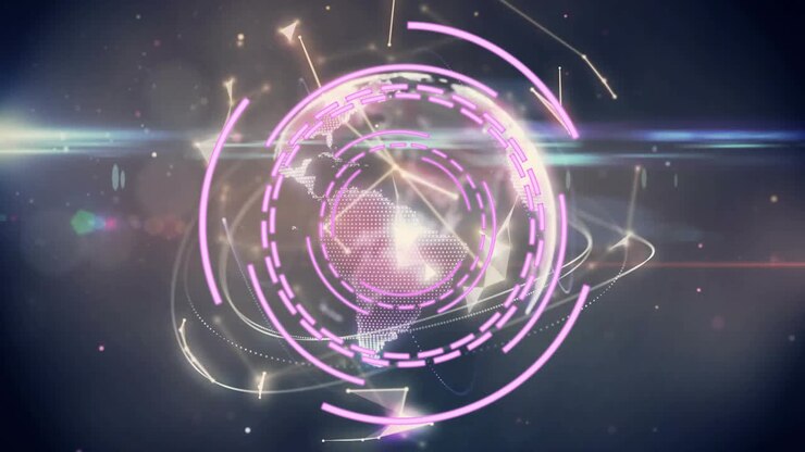 HUD-style pink rings and dotted globe materializing after cyan flare, rotating and showing network