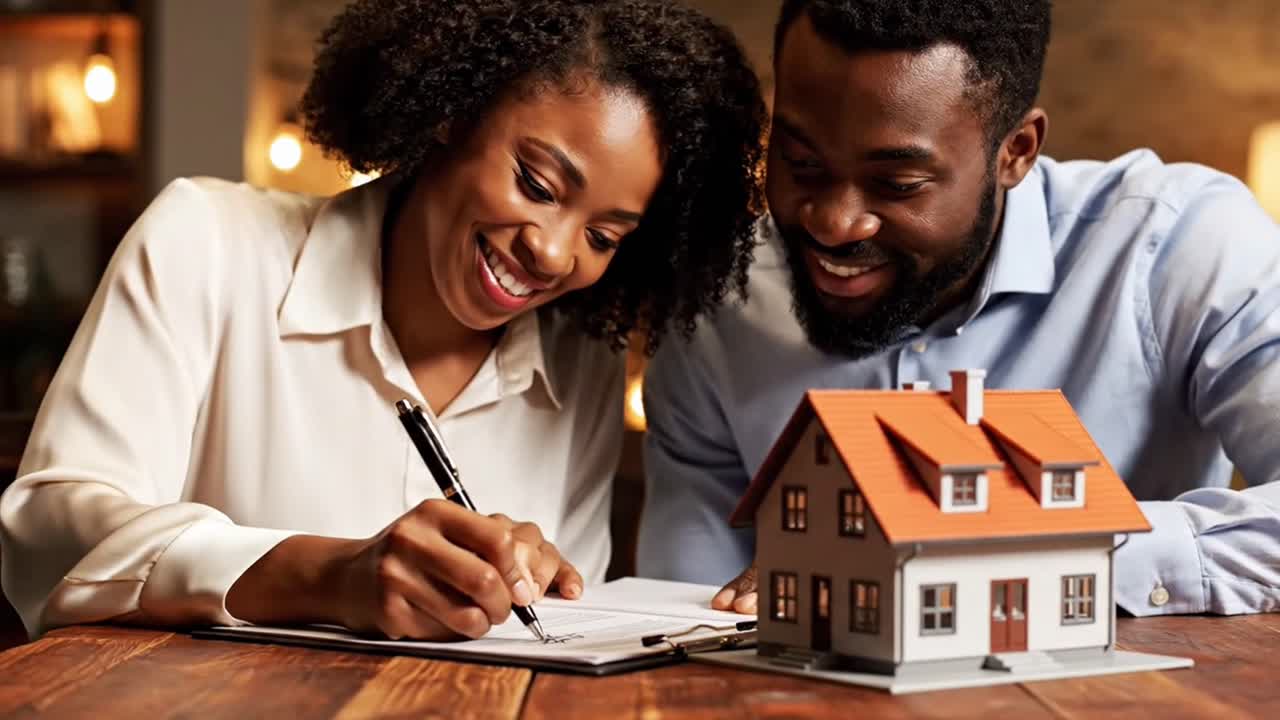Couple noir signant des documents pour l'achat d'un nouveau bien immobilier.