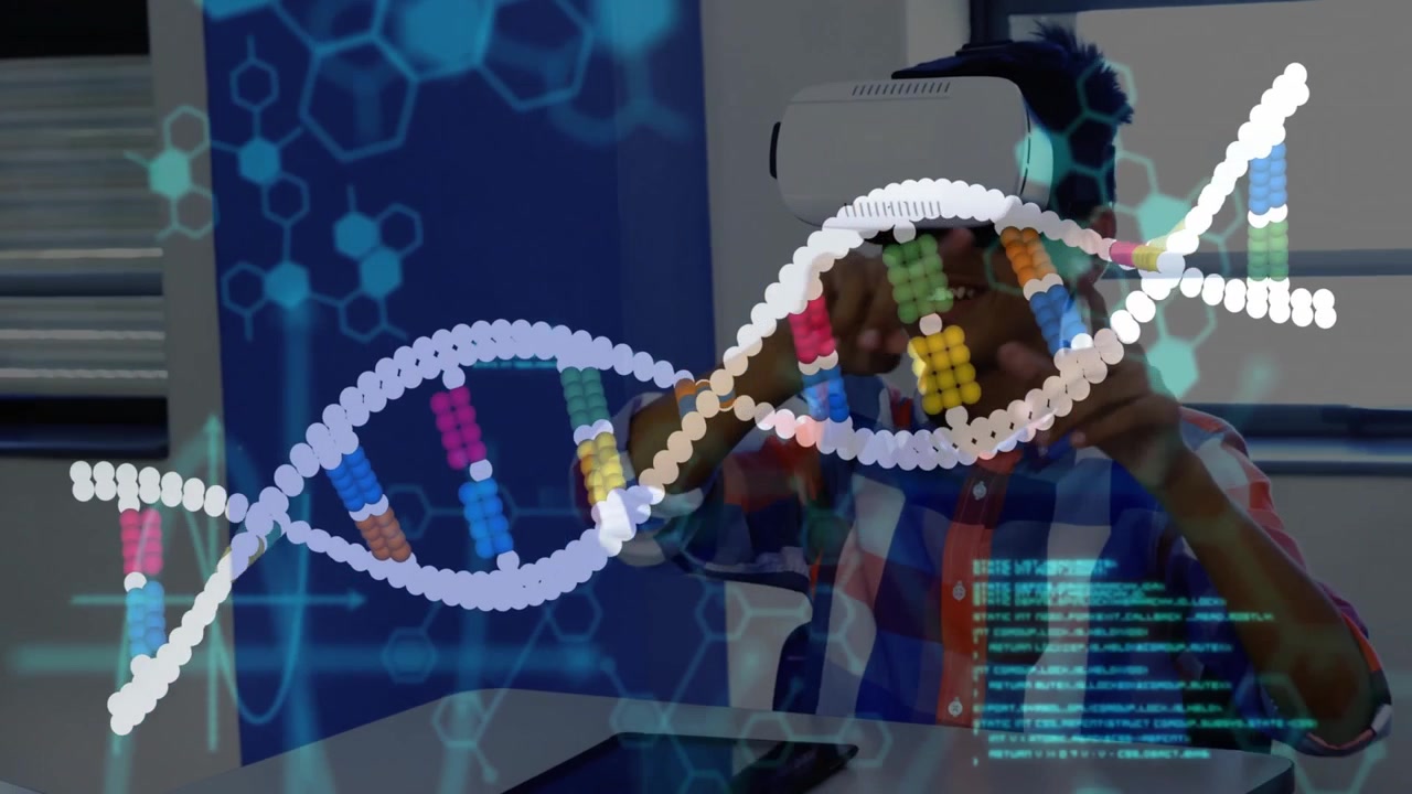 Teenager wearing VR headset initiating DNA helix in tech lab investigating nucleotide structure