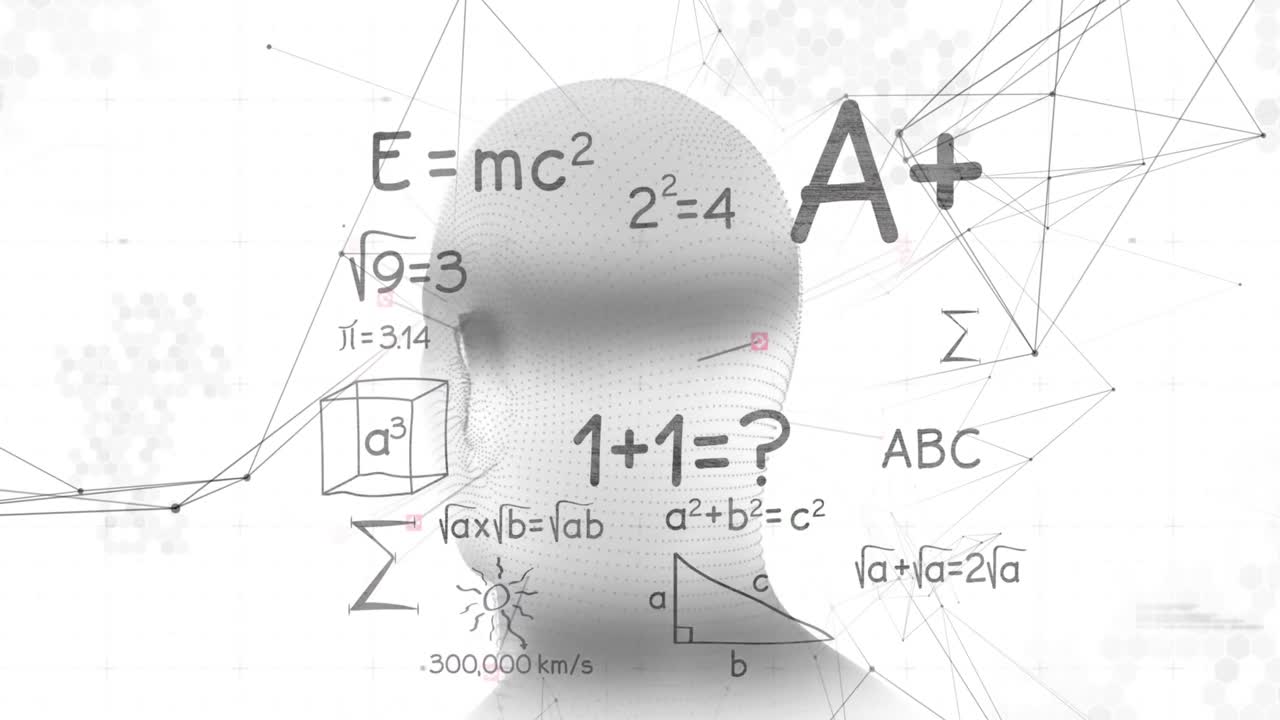 ⁇ 색 배경에 디지털 헤드와 수학 방정식의 애니메이션