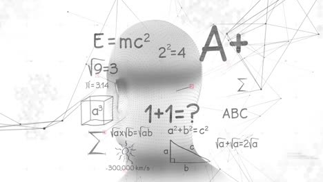 animation of digital head and mathematical equations on white background