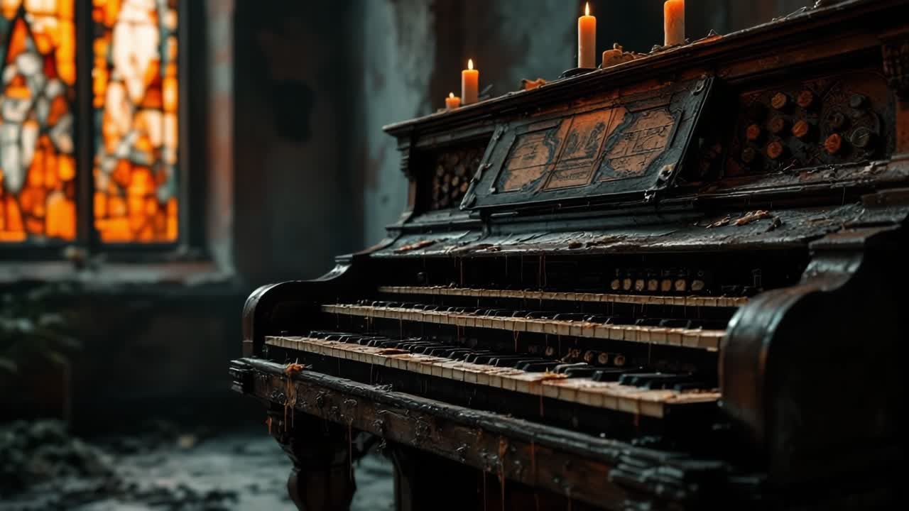 Vintage piano adorned with candles and surrounded by atmospheric decay in a dimly lit space