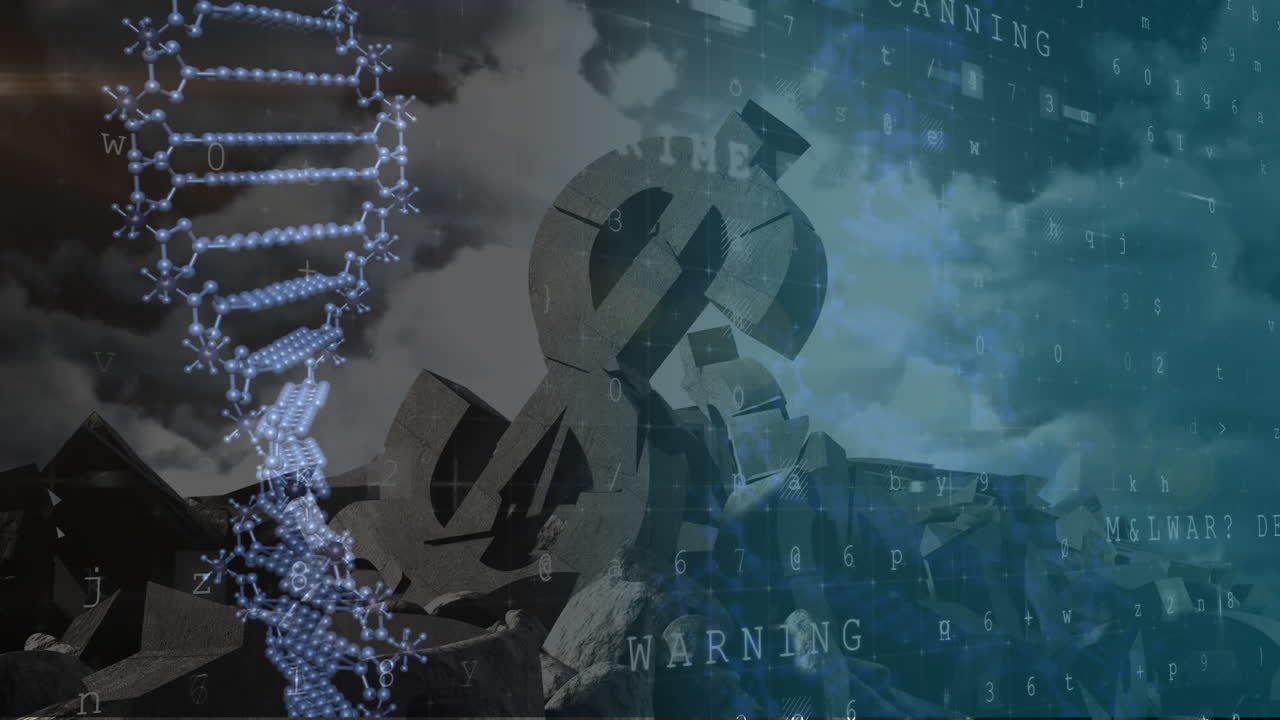 구름과 데이터 기록과 함께 파괴 된 미국 달러 기호에 대한 dna 스트레인의 애니메이션