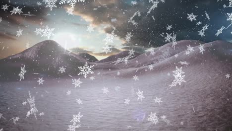 Digital-animation-of-snowflakes-falling-over-winter-landscape-against-clouds-in-sky