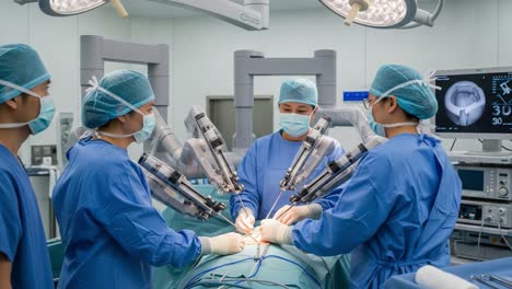 advanced robotic surgery: a skilled team conducting a complex operation with precision and technology in a modern surgical environment