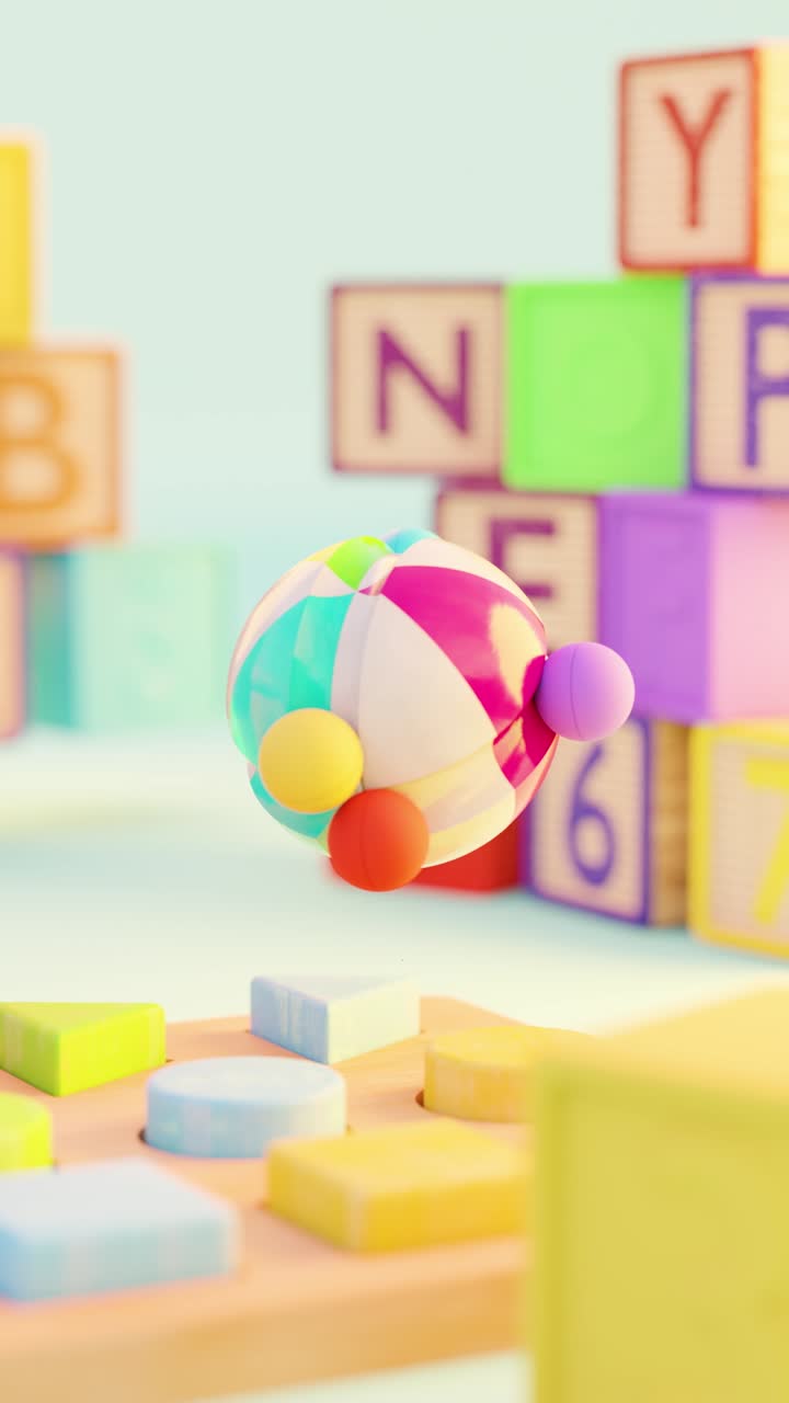 3D rendering of small colorful balls rolling on smooth sphere in loop playschool