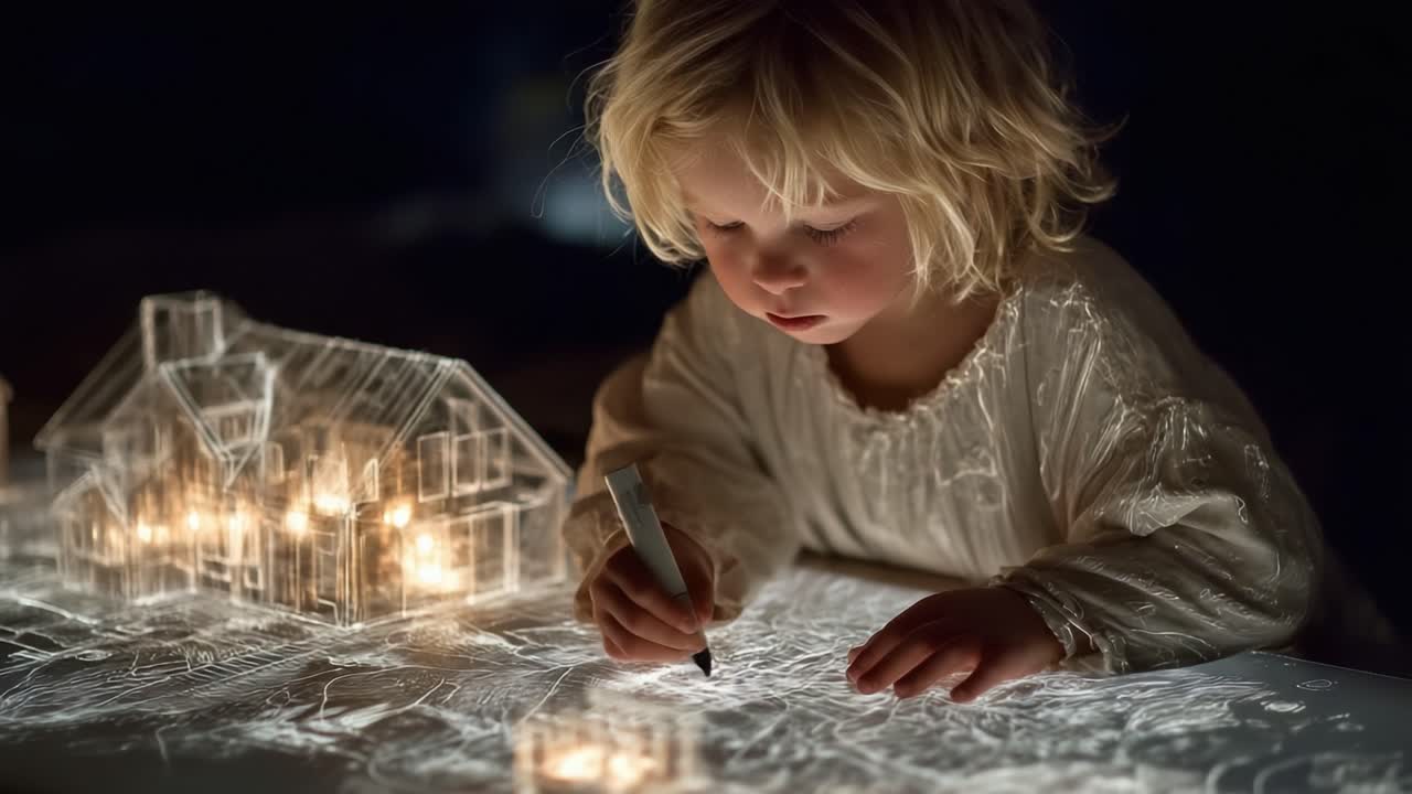A Young Child Engaged in Creative Expression, Drawing on a Lighted Table Surrounded by Ethereal, Illuminated House Models with a Dreamy Atmosphere