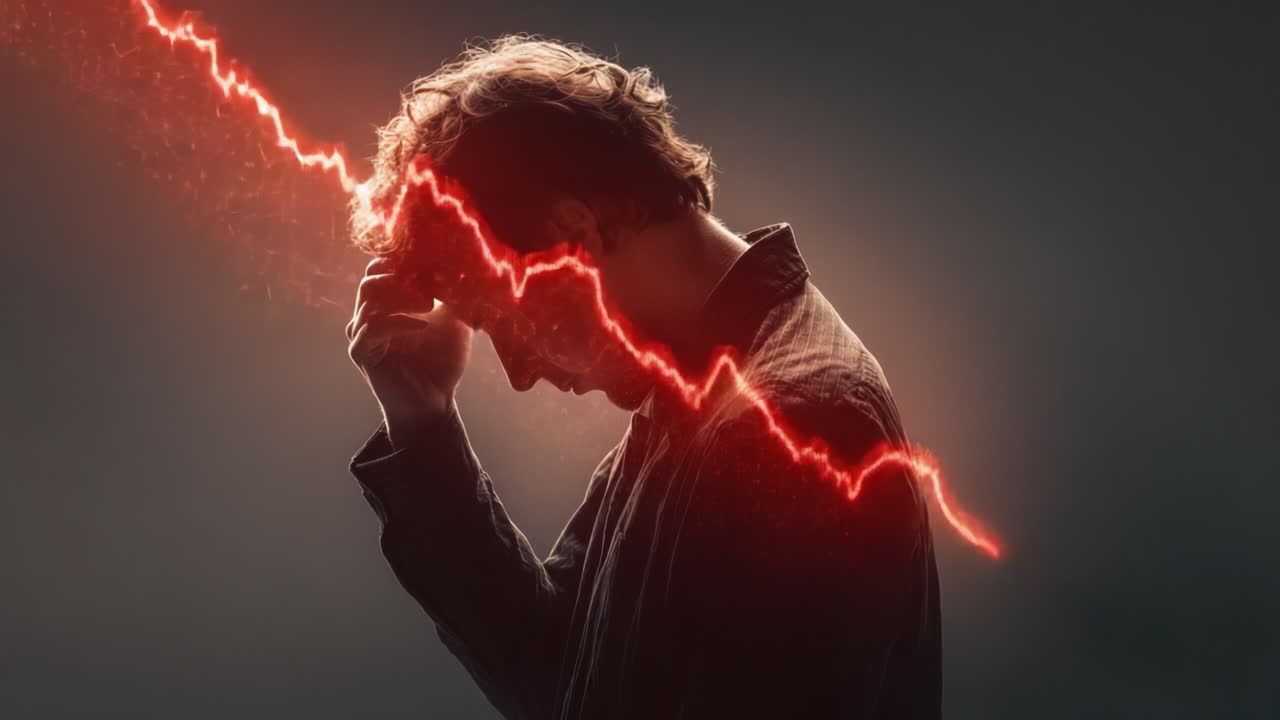 A somber figure grappling with overwhelming emotions, depicted through a striking visual representation of a downward trend, highlighting inner struggles and turmoil