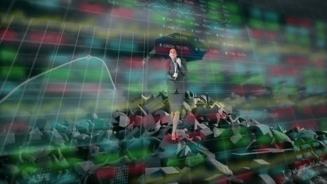stock market data processing against businesswoman holding an umbrella