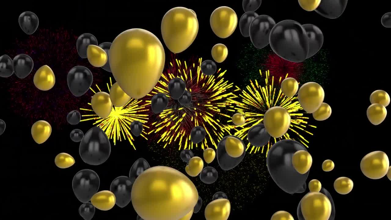 animación de globos negros y dorados con fuegos artificiales de navidad y año nuevo explotando en el cielo nocturno