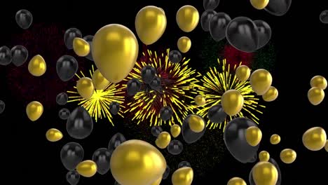 Animation-of-black-and-gold-balloons-with-christmas-and-new-year-fireworks-exploding-in-night-sky