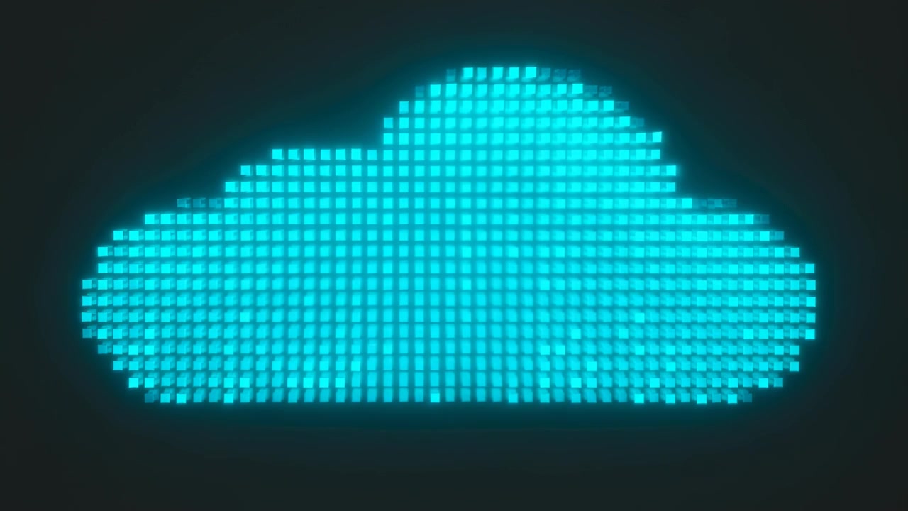 Animating pixel cloud expanding and lighting in dark field, with turquoise square grid under-glow