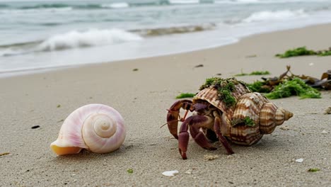 a serene encounter on the shore: a close-up view of two unique sea shells, one appearing to host a curious hermit crab amidst soft sandy textures and gentle ocean waves