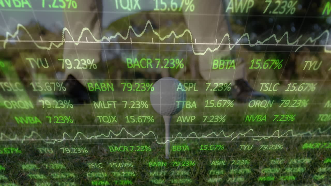 Golf ball being featured on tee while 3D stock tickers flowing across green grass