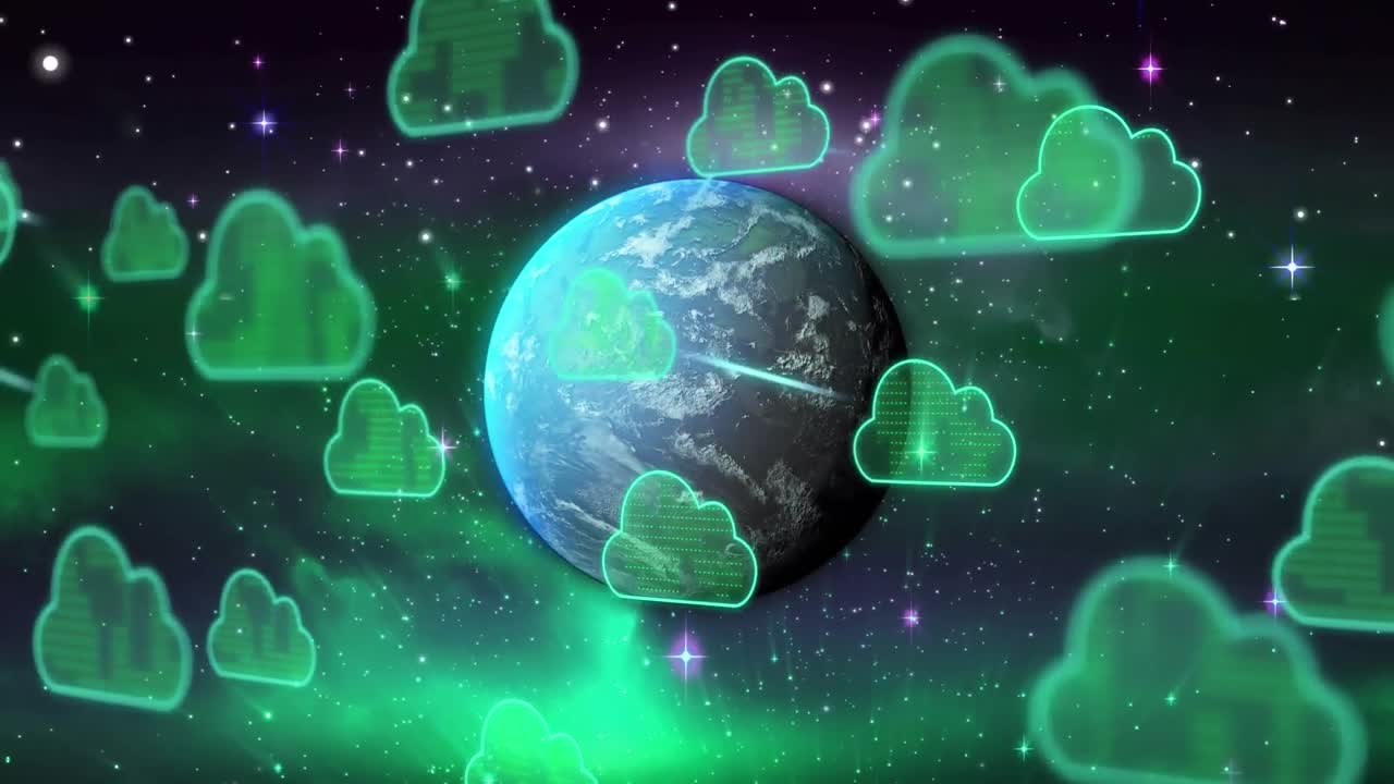 클라우드 아이콘의 애니메이션과 전 세계에 대한 데이터 처리